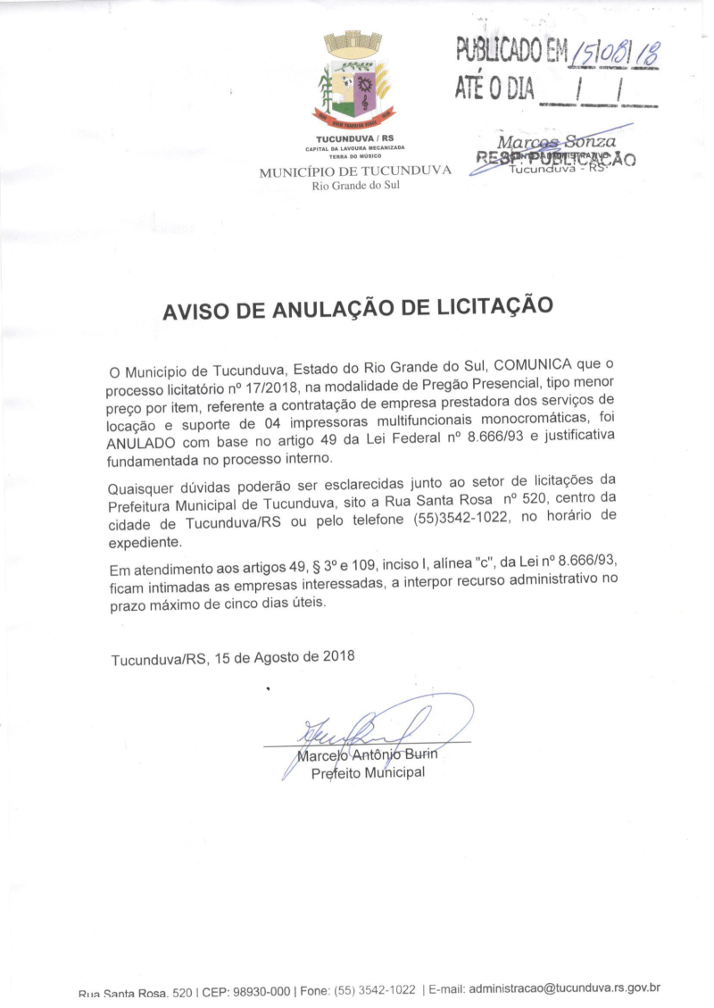 AVISO DE ANULAÇÃO DE LICITAÇÃO PREGÃO PRESENCIAL 17/2018